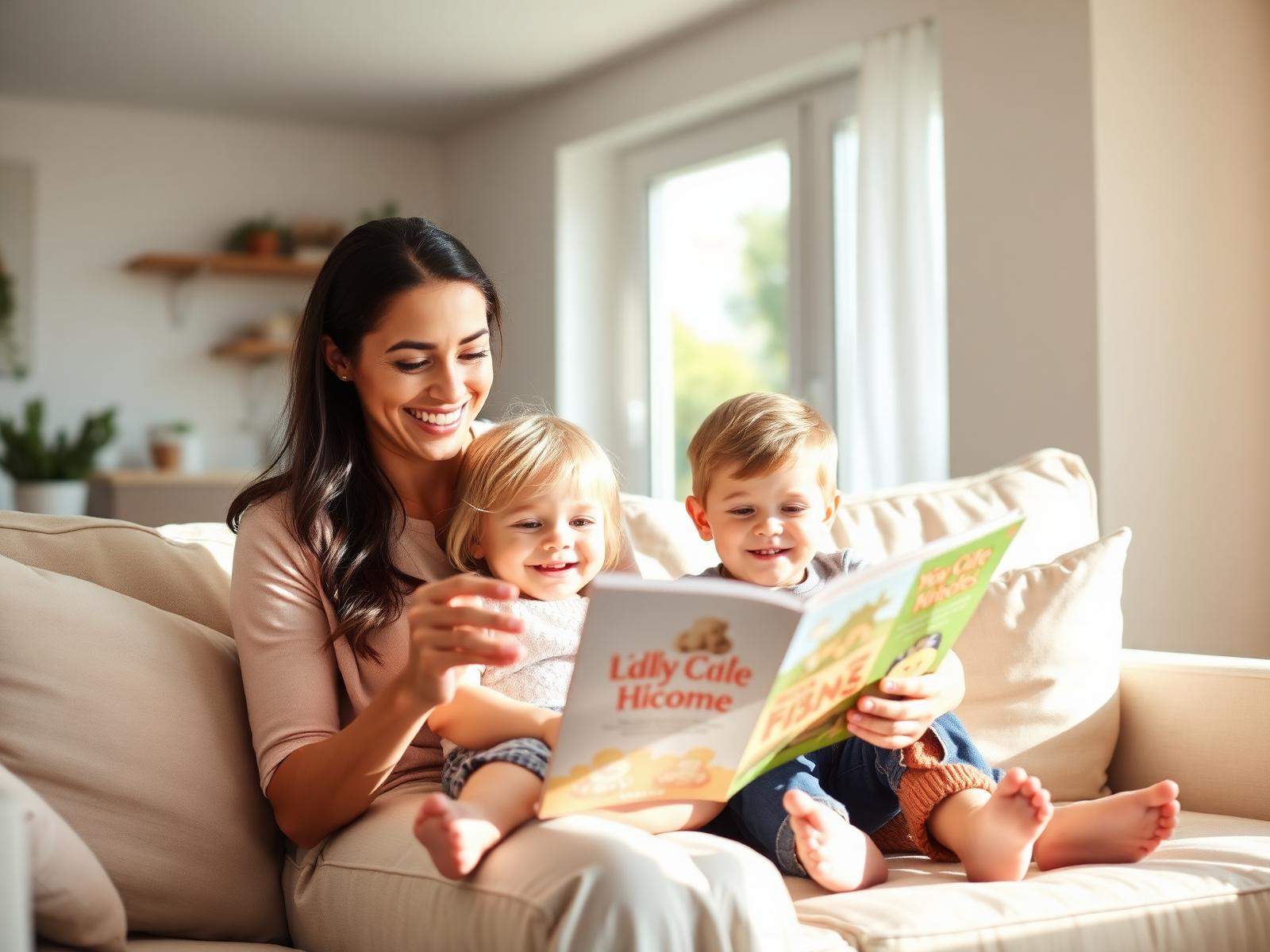 A smiling nanny reading a book with two happy children at home