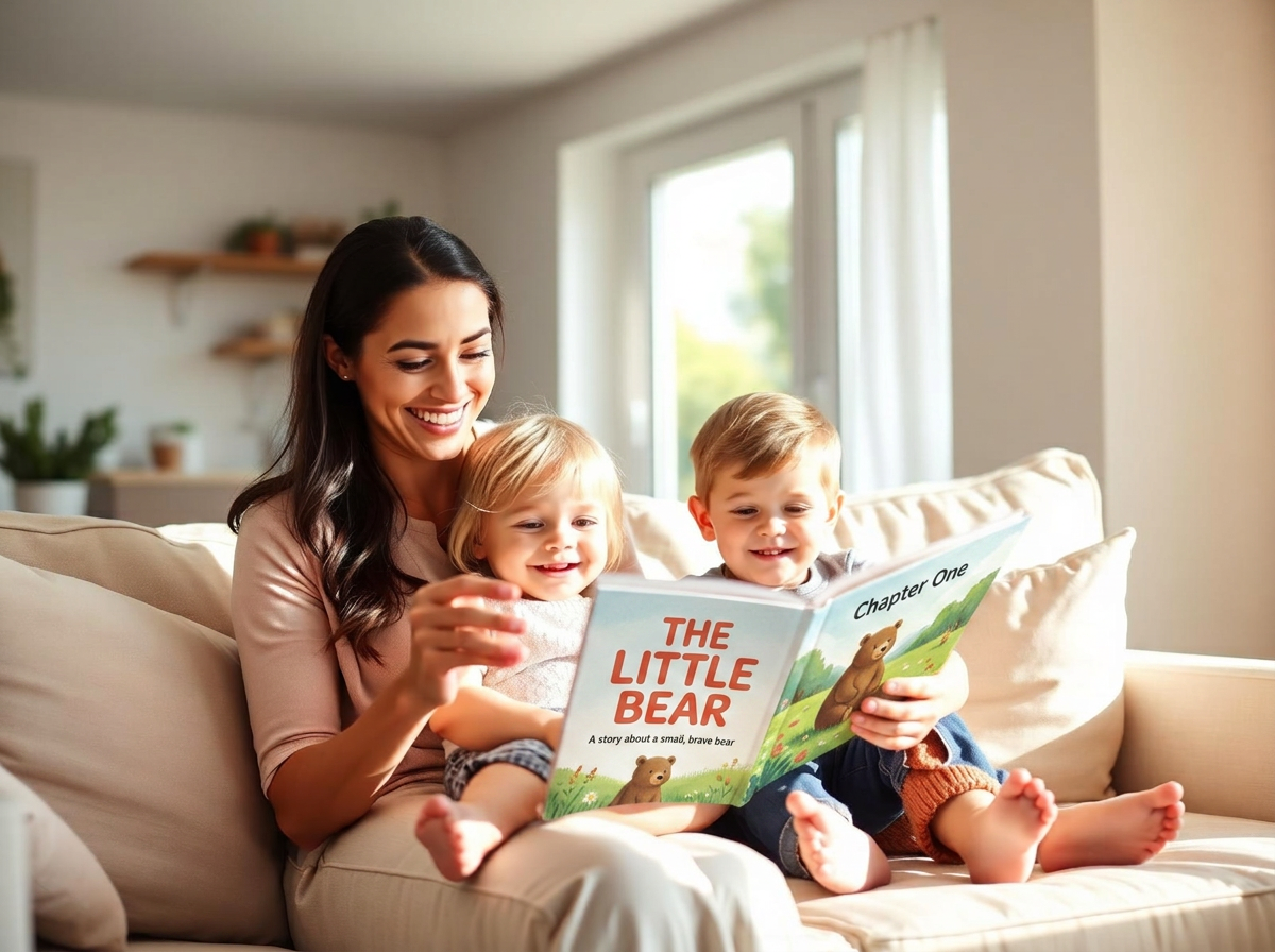 A smiling nanny reading a book with two happy children at home